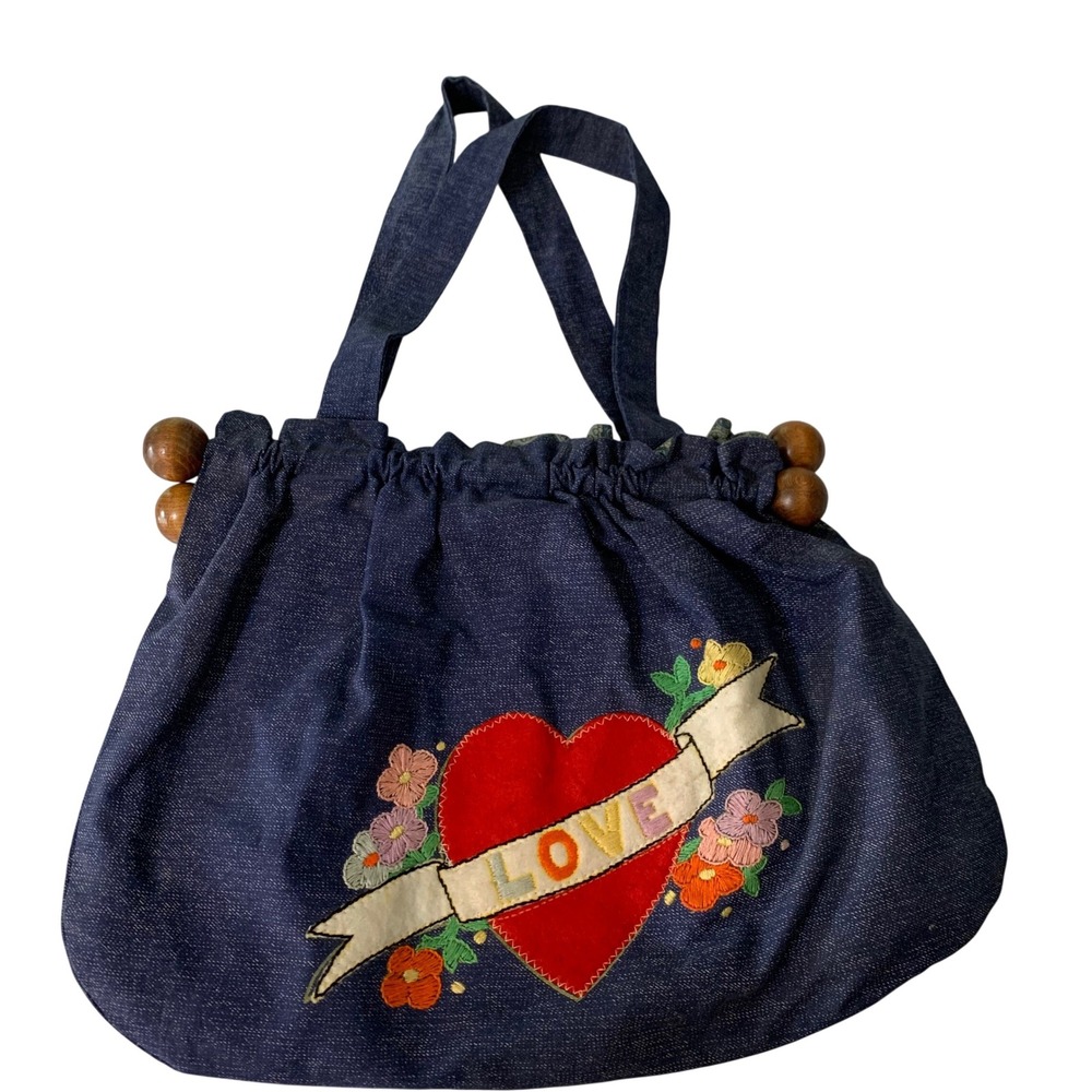 Y2K Denim Bag Heart Embroidery Wood Beads Boho Hippie Eclectic Kitschy Folk Cute